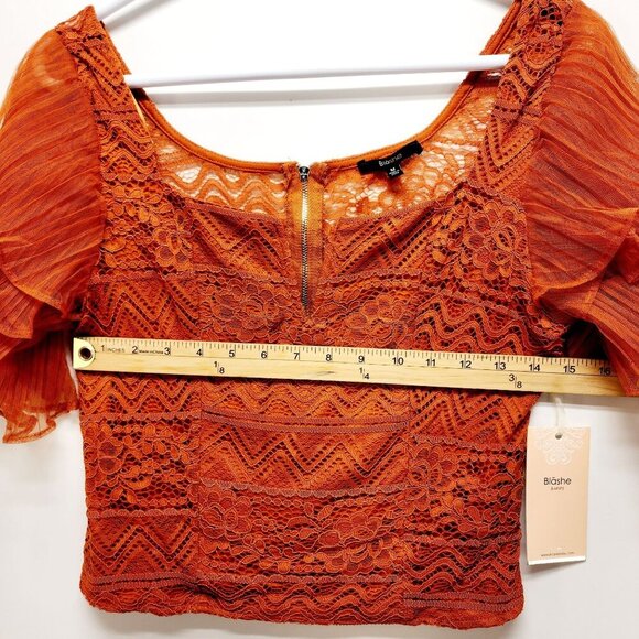 Rust Orange Lace & Sheer Ruffle Sleeve Crop Top By Blåshe Size M - Picture 7 of 10